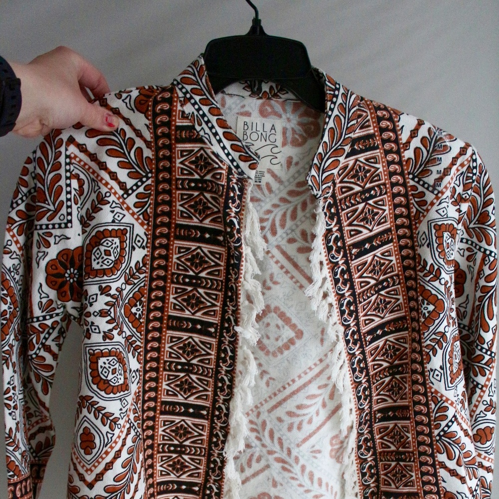Billabong tribal open front jacket with fringe NWT